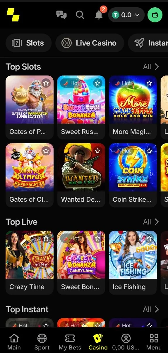 Parimatch casino — لوبي السلوتس في تطبيق باريماتش — Gates of Parimatch وSweet Rush Bonanza وCrazy Time