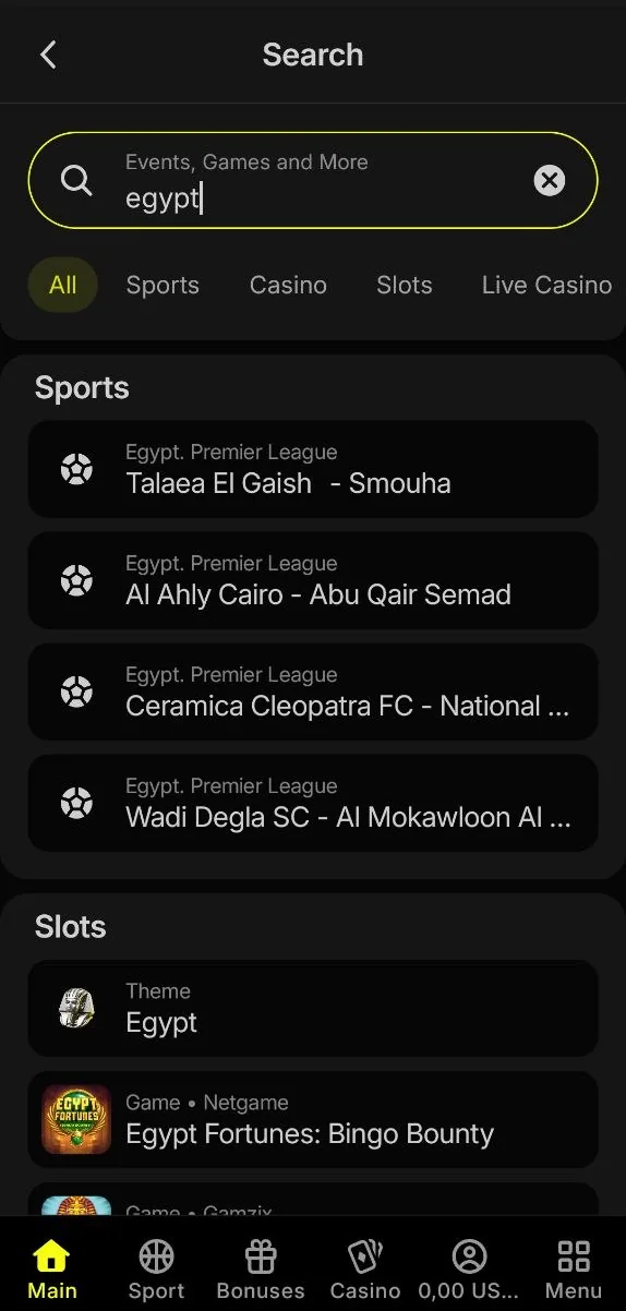 Parimatch Egypt — البحث عن الدوري المصري في تطبيق باريماتش — مباريات الأهلي وطلائع الجيش وسموحة