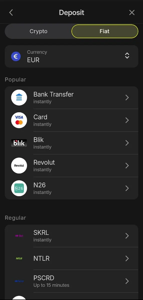 شاشة الإيداع في تطبيق باريماتش — التحويل البنكي والبطاقات وRevolut وN26 وBlik
