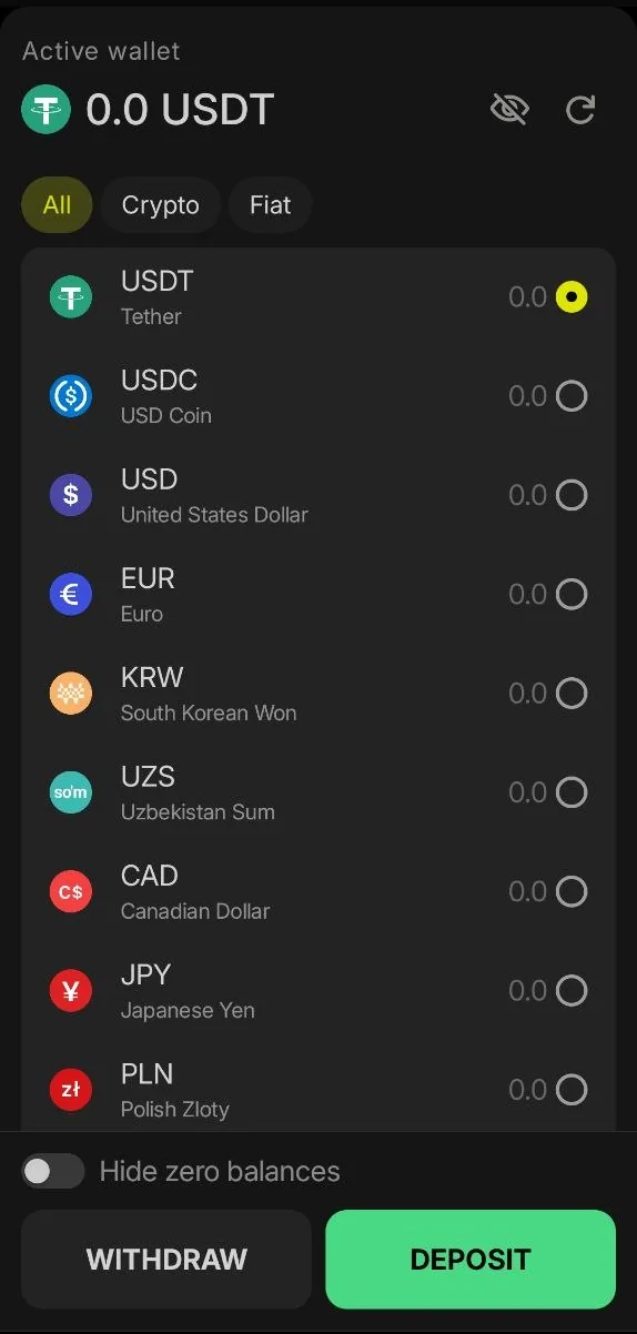 عملات المحفظة في تطبيق باريماتش — USDT وUSDC والدولار واليورو دون الجنيه المصري